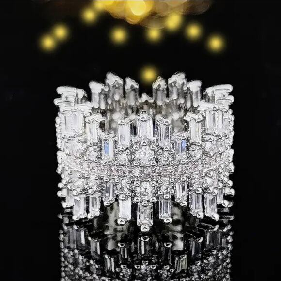 Sterling Silver Eternity Band Ring, Baguette, Micro Paved, Cubic Zircon, Luxury - Picture 1 of 13